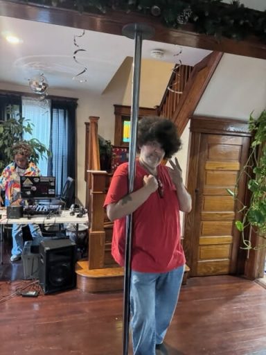 Joe on the pole happy after his dance